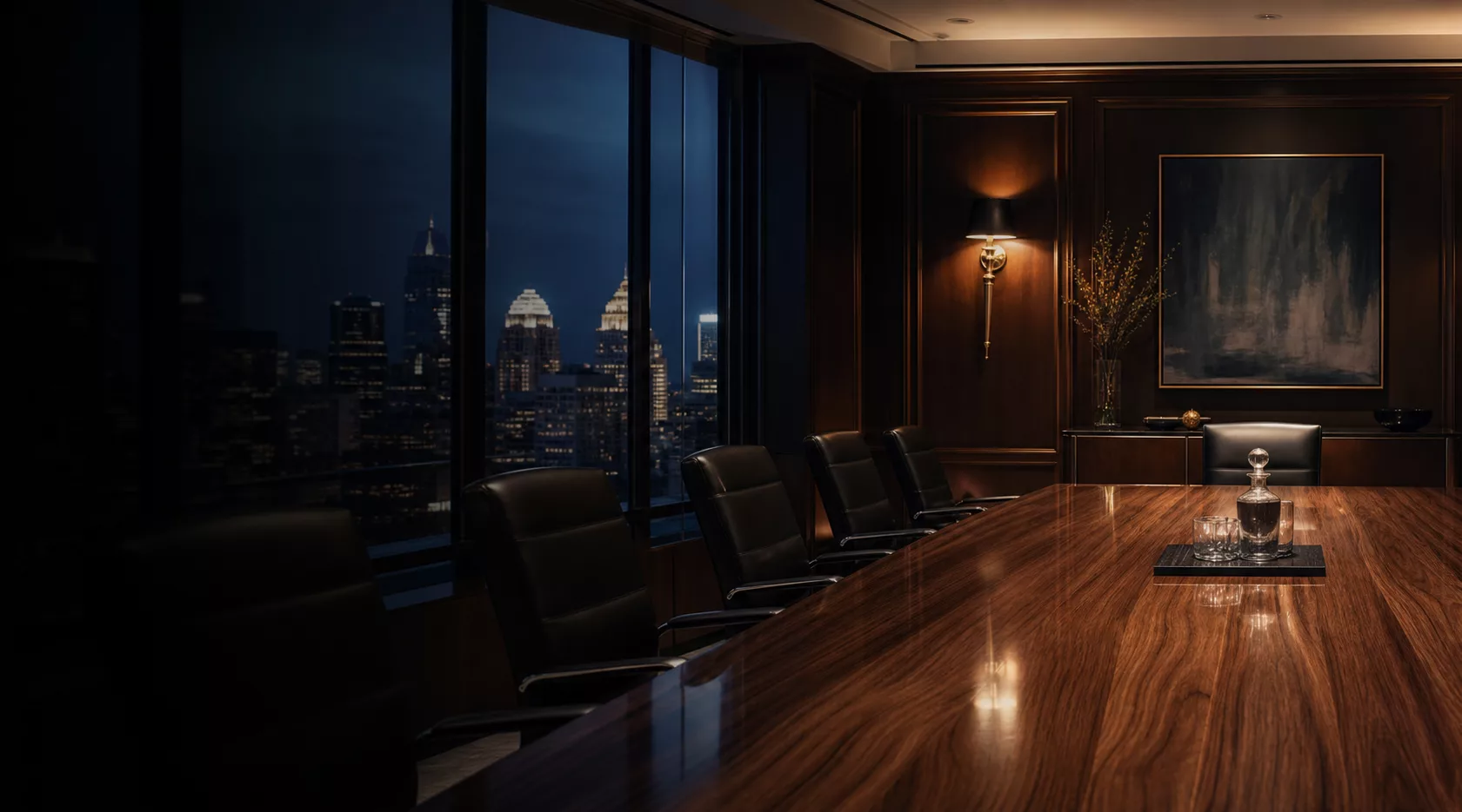 Premium executive boardroom with a polished walnut table and city skyline