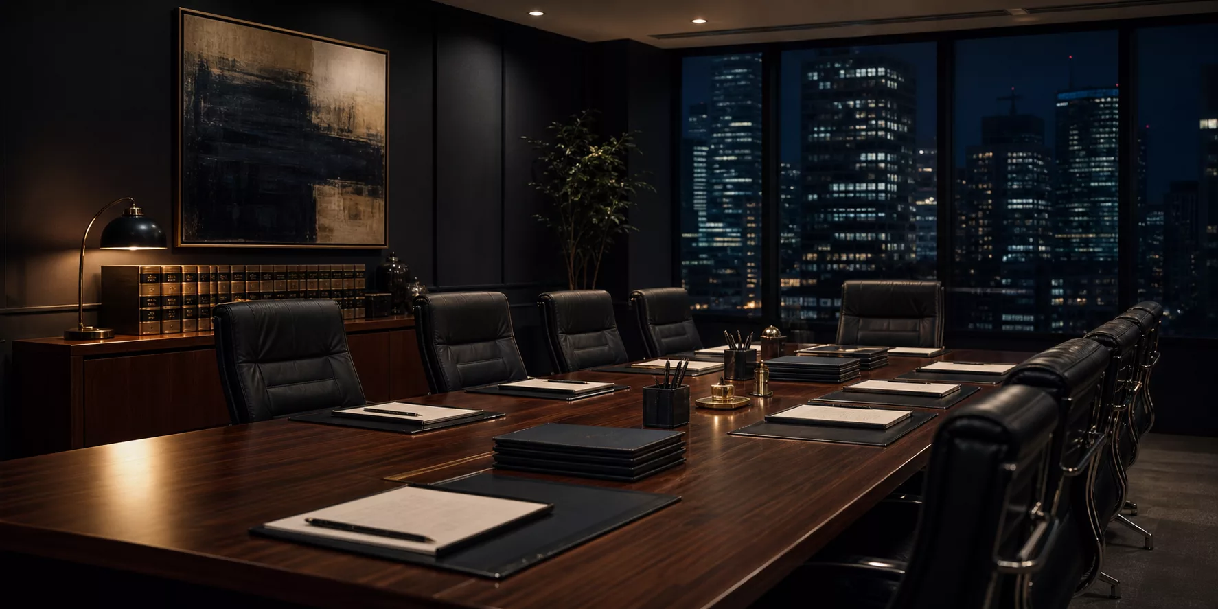 Refined law firm conference room with leather chairs and organized folders