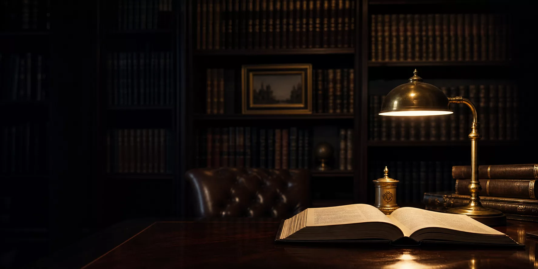 Quiet legal library with an open book, brass lamp and leather-bound volumes