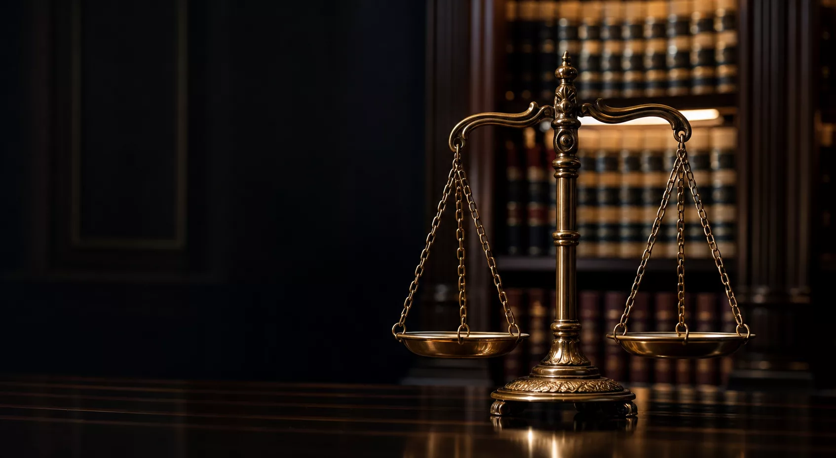 Bronze scales of justice on a polished table in a legal library